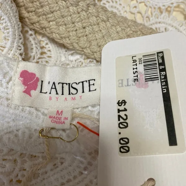 NEW L'atiste White Paisley Lace Long Sleeve Belted Midi A-Line Shirt Dress Sz M - Image 6