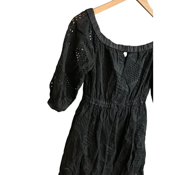 Milly Black Eyelet Cotton Mini Dress 3/4 Puff Sleeve Elastic Waist Pockets‎ P - Image 4
