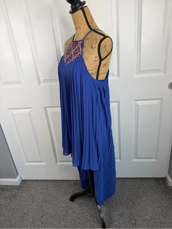 Arden B XS Cobalt Blue Beaded Pleated High Low Maxi Dress Y2K - Image 6