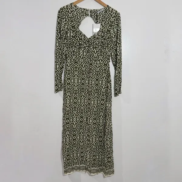 NWT‎ ZARA Printed Modal Midi Dress Green/Cream Small Boho Tribal Resortwear - Image 4