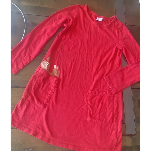Hanna Andersson Peeking Deer Pocket Dress Womens Size 8 Red Woodland Cotton - Image 4