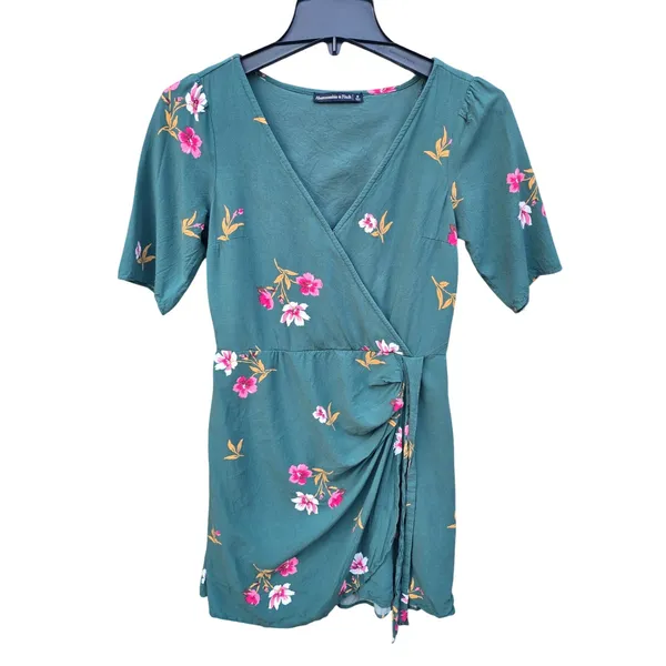 Abercrombie & Fitch Green Floral Faux Wrap Mini Dress Short‎ Sleeve Womens Small - Image 2