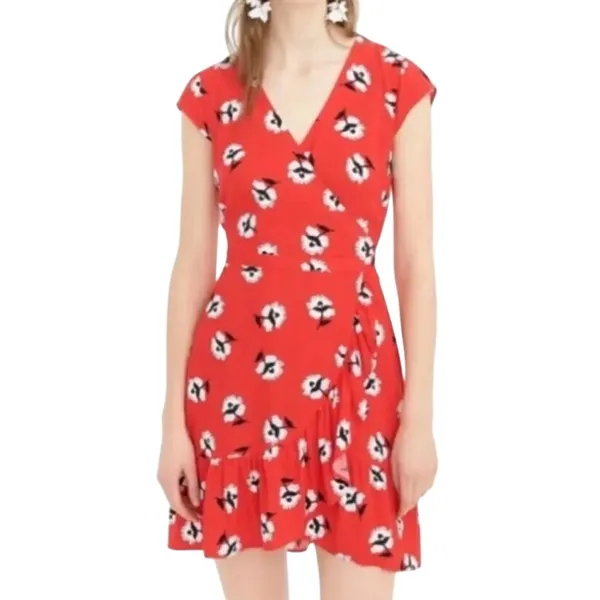 J. Crew Cerise Ruffle Red Floral Faux Wrap Ruffle Dress L4277 Size 4 Tall - Image 11