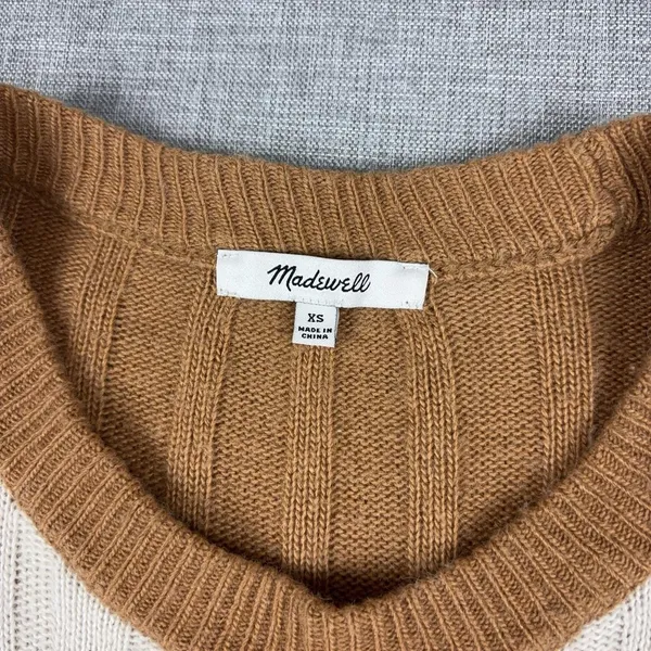 Madewell Sweater Dress Womens XS White Tan Ribbed Long Sleeve Knit Crew Neck - Image 3