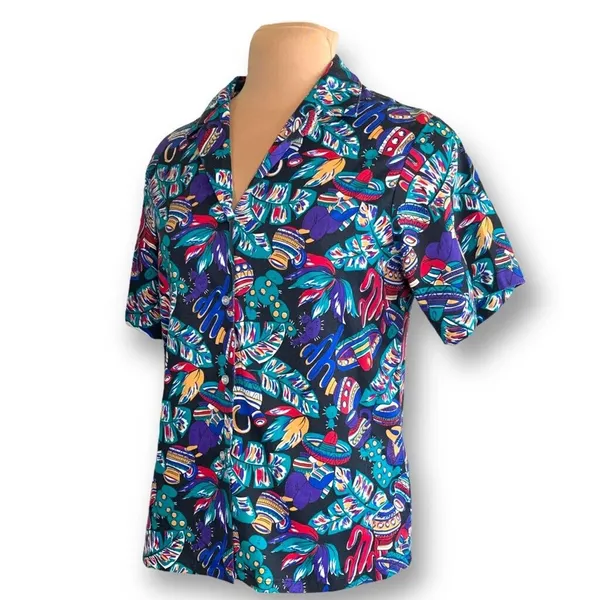 Vintage Colorful Festival Button Up‎ Shirt Southwestern Medium Novelty Print - Image 5