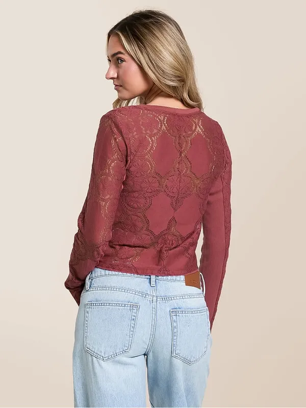 FREE PEOPLE Jae Knit Sheer Lace Long Sleeve Top Cardigan Cropped Y2K Boho XS - Image 4