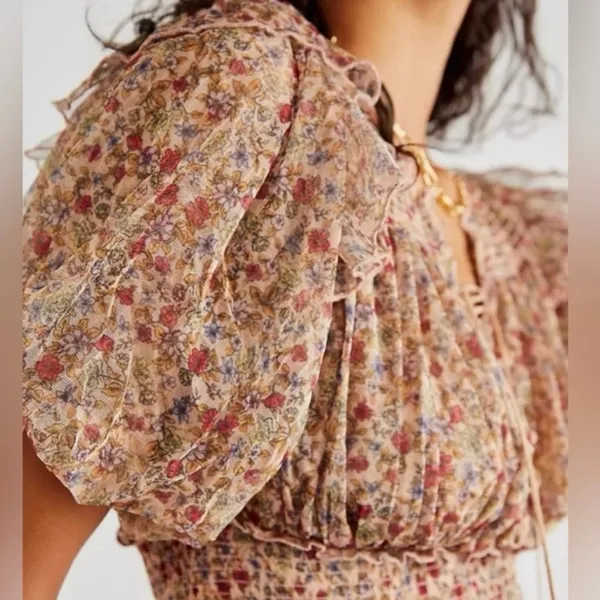 Free People Beatrice Floral Print Brown Lace Up Puff Sleeve Blouse Top Size S - Image 7