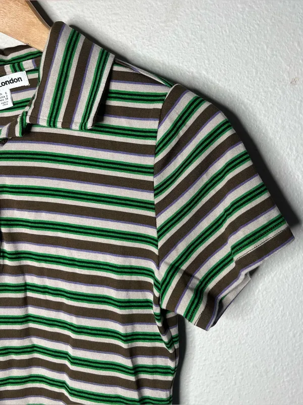 NEW Jaded London Mila Striped Short Sleeve Polo Shirt in Green Multi - Image 4