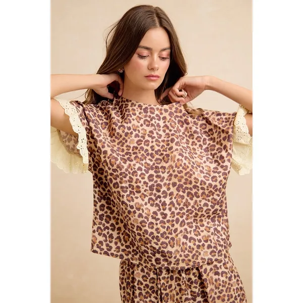 BiBi Leopard and Eyelet Lace Ruffled Top and Shorts Set - Image 4