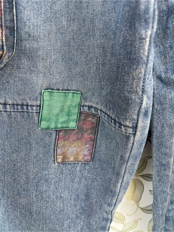 Retro Floral Embroidered Denim Cargo Jeans Antique Purplish Wash Small - Image 4