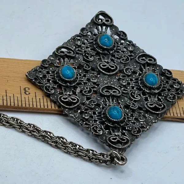 Vintage 70’s boho faux turquoise 24” necklace. - Image 7
