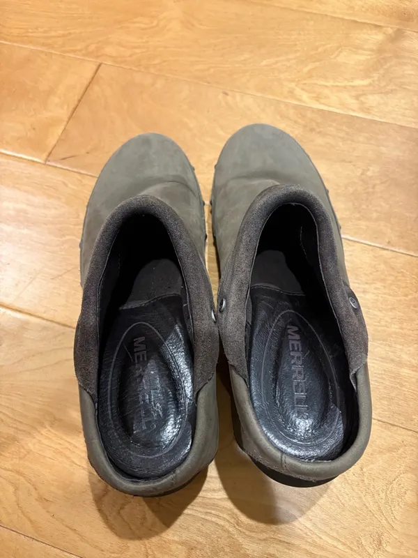 Merrell Drizzle slip-on leather and suede clogs shoes taupe brown sz 9 - Image 4