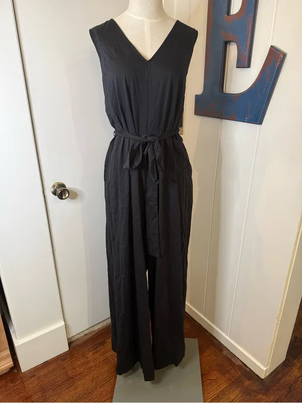Natori Bliss Essential Cotton black V-Neck Wide-Leg Belted jumpsuit Sz XL - Image 6