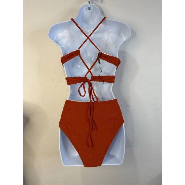 Zaful Burnt Orange Popcorn Textured High Waisted Bikini Set ScallopTrim Womens M - Image 3