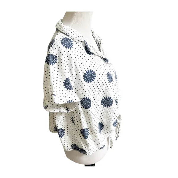 Modcloth Cropped Blouse Womens XL White Floral Dot Linen Blend Tie Front Beachy - Image 5