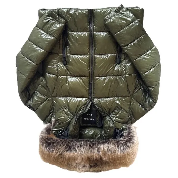 Superdry Code Sportswear High Shine Puffer Jacket Faux Fur Hood Olive Green S/10 - Image 5