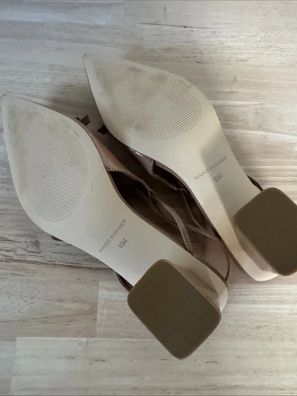 Marc Fisher Nude Patent Pointed-Toe Slingback Heels with Bow - Image 7