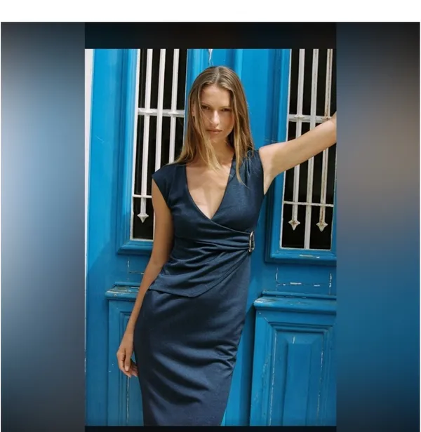 Zara Deep Blue V-Neck Midi Dress with Side Buckle - Image 3