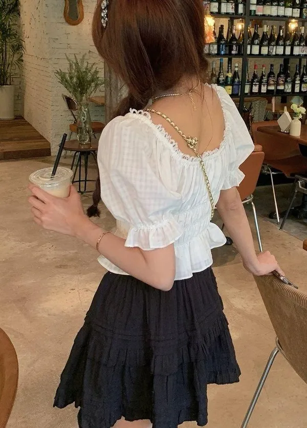 Japanese White Bohemian Cottage Puffy Sleeves Ruffle Lace Ribbon Crop Top Blouse - Image 4