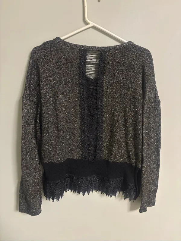 Miss Me Beaded Embellished Lace Trim Top Sweater Size Medium Y2K Glam Boho - Image 2