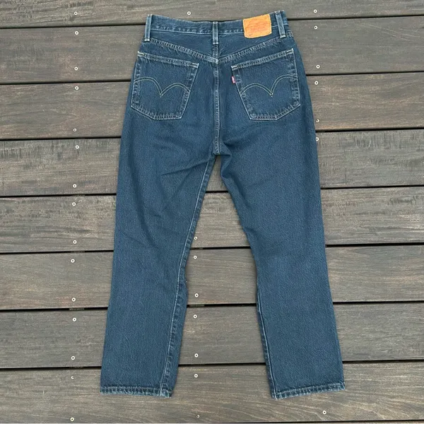 Levi's Straight Leg 501 Dark Wash Blue Denim Jeans w/ Distressed Knees - Image 3