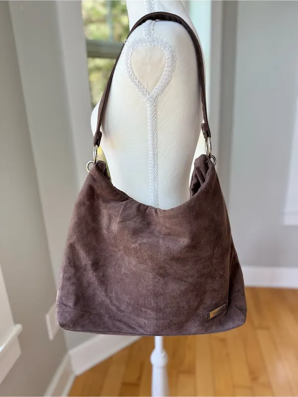 Bella Russo Taupe Brown Faux Suede Hobo Shoulder Bag Silver Accents - Image 10