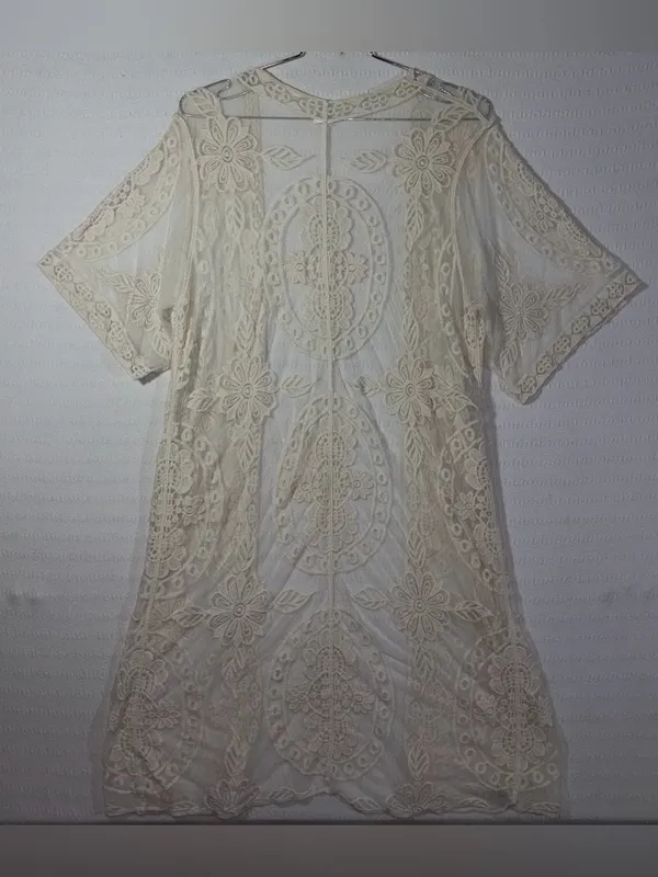 Open Lace Ivory Festival Mesh Kimono Top Size M Relaxed Boho Country Cowgirl - Image 2