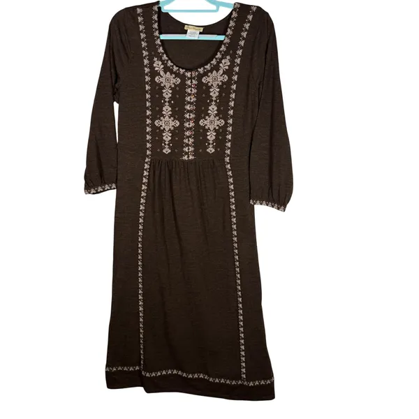 Sweet Magnolia Embroidered Long Sleeve Midi Dress M Brown Boho Peasant Cottage - Image 2
