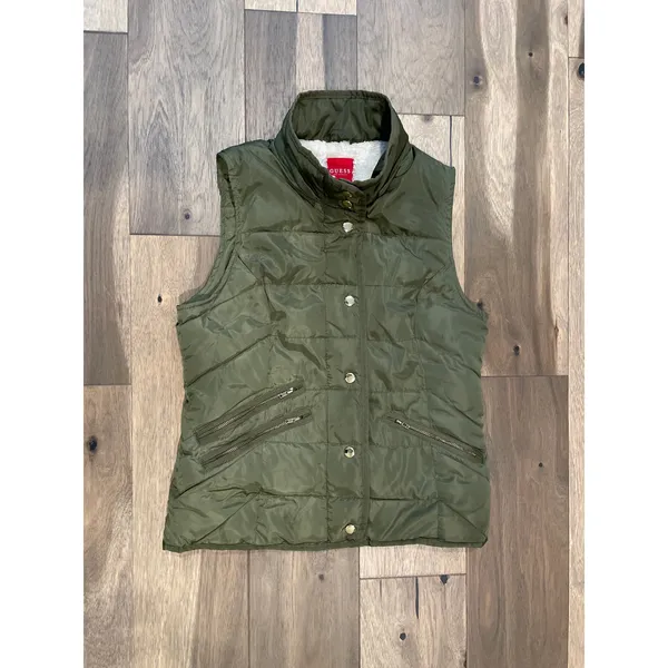 GUESS Sherpa Lined Puffer Vest Olive Green Size S Cozy Warm Casual - Image 6