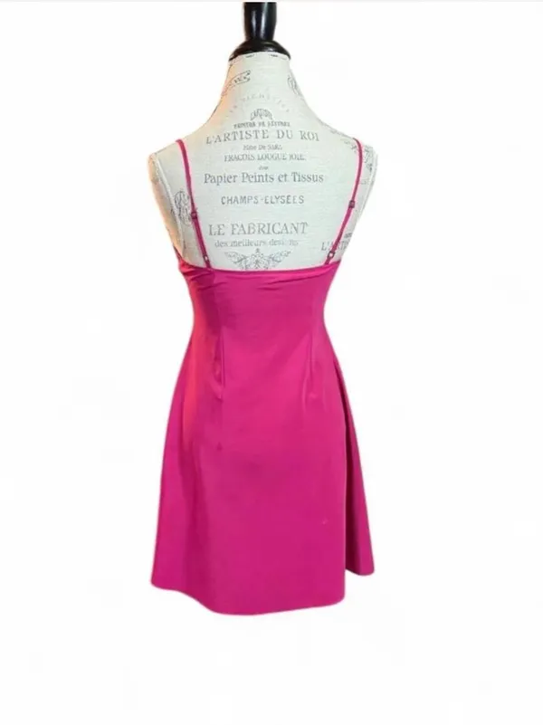 Bright fuchsia Hot Pink Silk Babydoll Dress w/Spaghetti Straps Sz 0P - Image 3