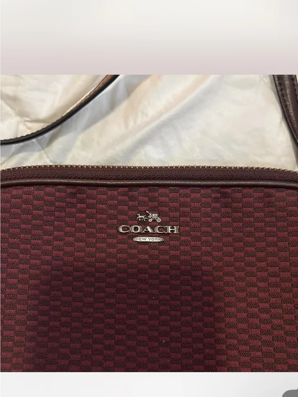 Coach Burgundy Checker Crossbody Bag with Silver Logo - Image 2