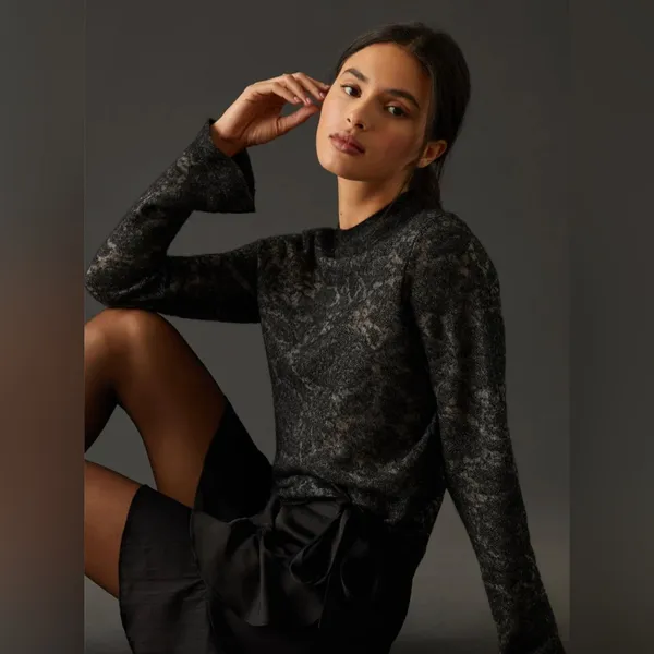 by Anthropologie Hanna Lace Merino Wool Mock‎ Neck Sweater Sz M Black Sheer - Image 3
