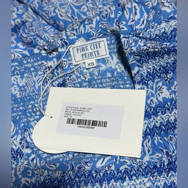 NWT Pink City Prints Isabel Dress XS Ornate Sky Blue Cotton Smocked Midi - Image 9