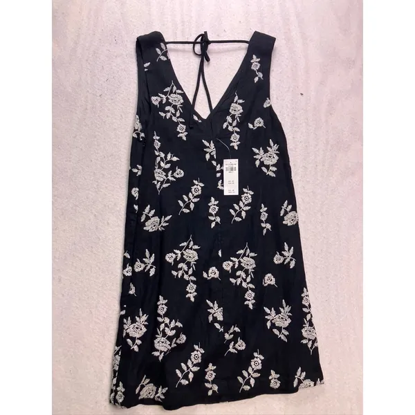 Abercrombie & Fitch Mini Dress Womens Small Tall Black Floral Linen‎ Embroidered - Image 5