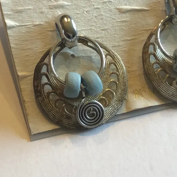 Aged Silver Tone Hoop Earrings with Light Blue Beads - Image 3
