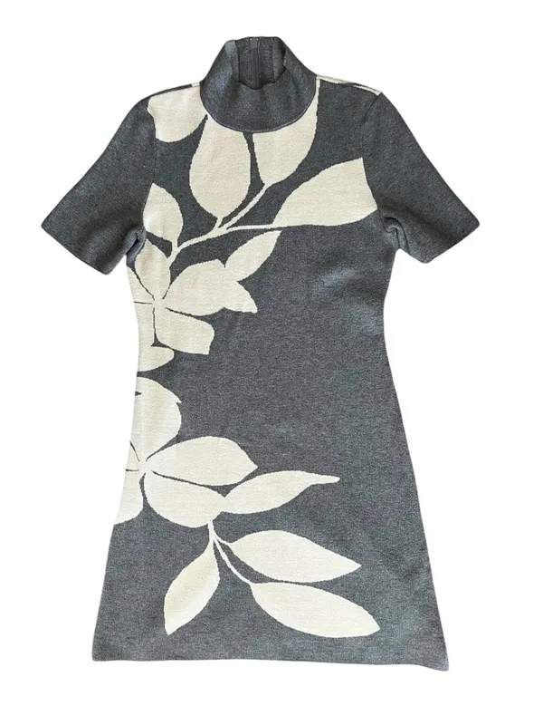 By Anthropologie Mock Neck Short Sleeve Knit Floral Gray Mini Dress Size XS - Image 10