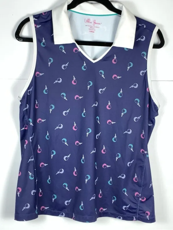 Lillie Green Womens Large Golf Polo Shirt Navy Blue Sleeveless Performance - Image 2