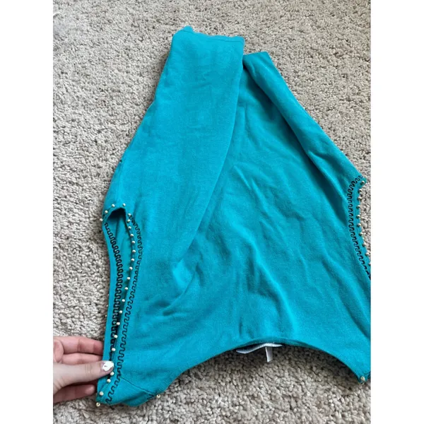 vintage Boho Embroidered Silk Blend Tank Top Turquoise Beaded Sleeveless Knit - Image 4