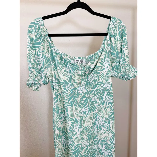 Mimi Chica Green Tropical Leaf Print‎ Smocked Square Neck Midi Dress Size M - Image 3
