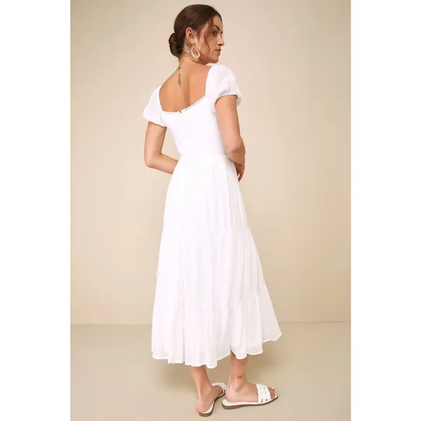 Lulus Darling Concept White Tiered Tie-Front Puff Sleeve Dress Classy Medium - Image 4