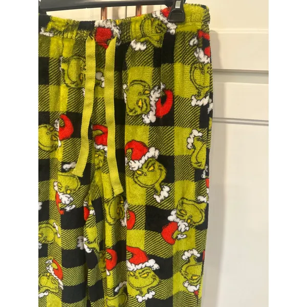 Dr Seuss The Grinch Christmas Pajama Pants Green Plaid Fleece M holiday cozy - Image 3