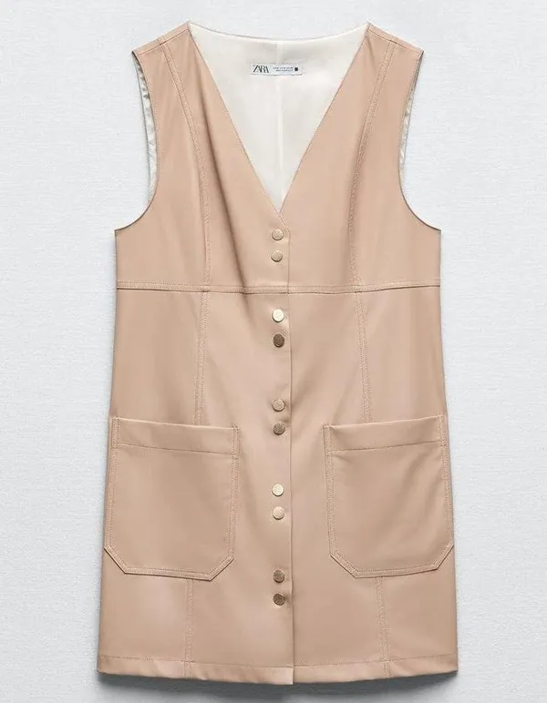 Zara FAUX LEATHER MINI PINAFORE DRESS in Beige - Image 4