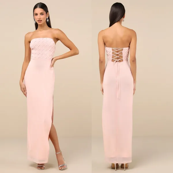 NWT Lulus Stunning Concept Light Pink Mesh Rhinestone Strapless Maxi Dress Sz L - Image 2
