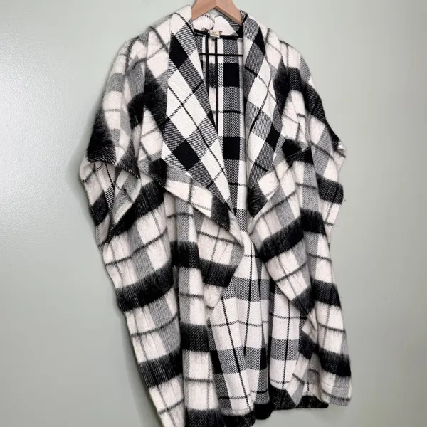 Lucky Brand Wool Oversized Plaid Shawl Poncho Cardigan Sweater Black White Large - Image 3