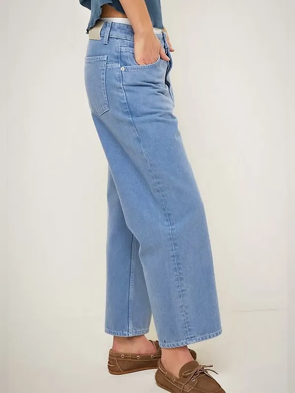 Free People We The Free Deep Trance Dropped Barrel Jeans Size 27 Ocean Blue Wash - Image 5
