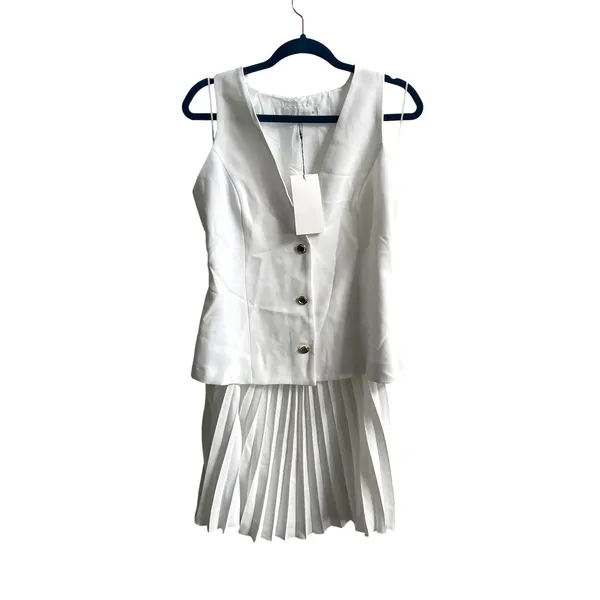 Zara Dress Women XL White Old Money‎ Pleated Mini Skirt V-Neck Waistcoat Vest - Image 3