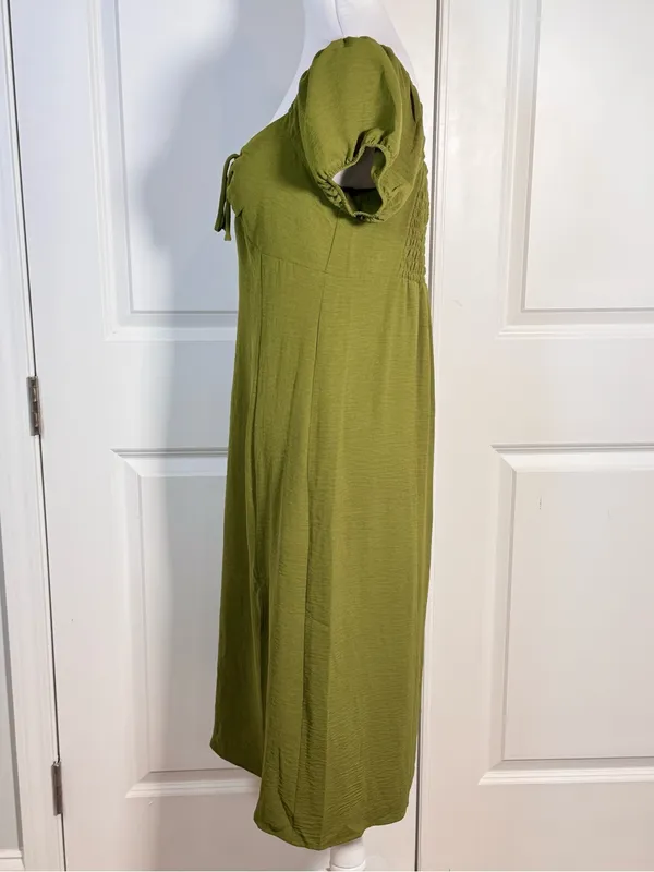 Monteau Los Angeles M Olive Green Puff Sleeve Midi Dress Cottagecore Boho Brunch - Image 7