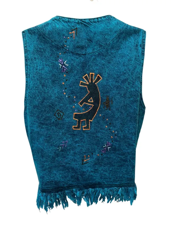 Arizona Jones Acid Denim Vest Sz XL Dyed Fringe Aztec Southwest Festival Tribal - Image 6