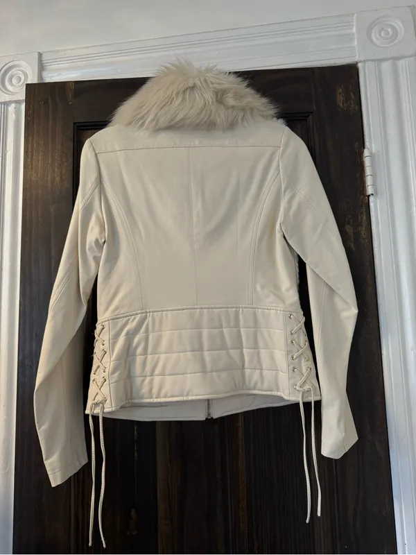 Vintage Guess Faux Fur Cream Vegan Leather Jacket - Image 3