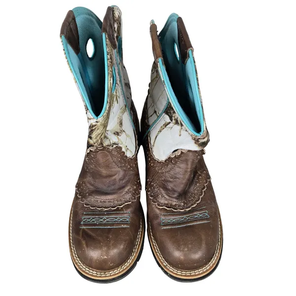 Ariat Fatbaby Camo Western Boots Brown Leather Teal Trim 10009503 Womens 7.5B - Image 7